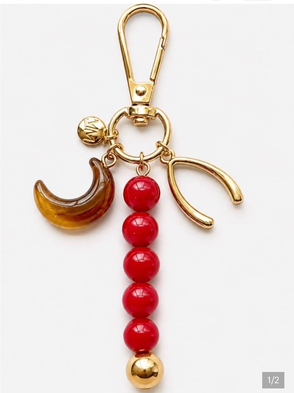 Gold-Tone Purse Charm Keychain w Red Beads & Amber Crescent Moon MAYAMAR New
